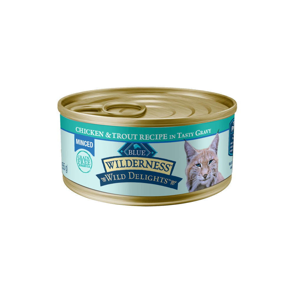 Blue Buffalo Wilderness Delights, lata con salsa, con carne real para energía diaria.
