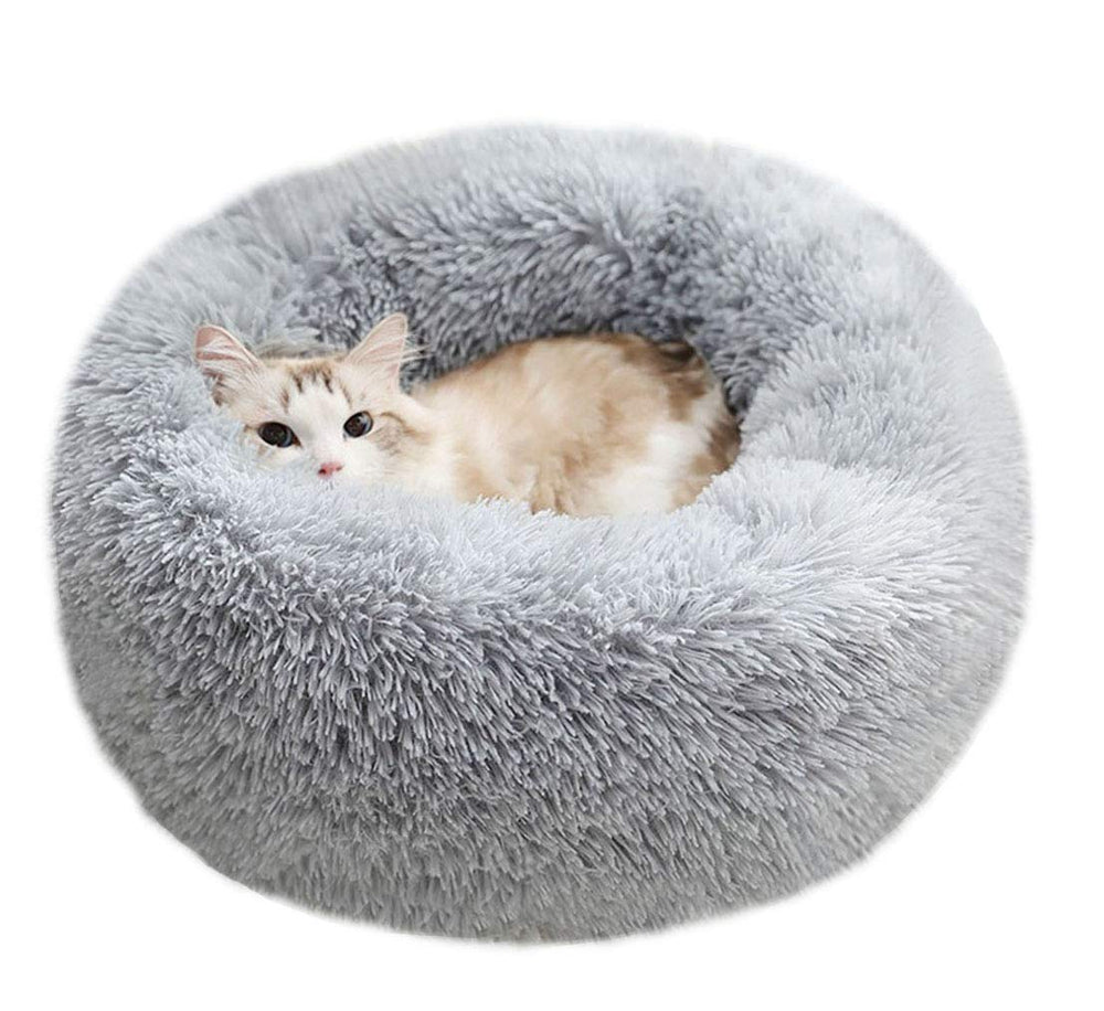 Cama redonda de pelo sintético BODISEINT para gatos, descanso cálido.