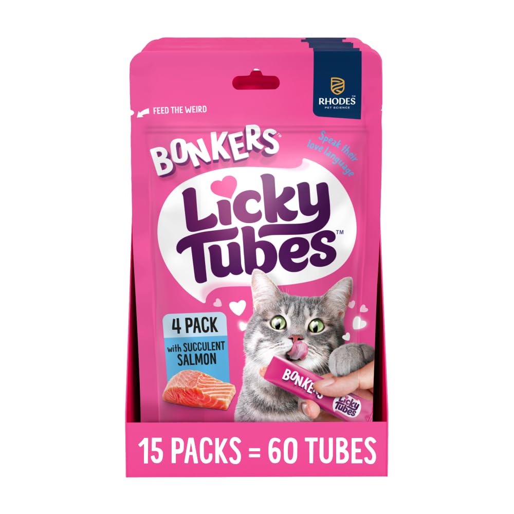 Bonkers Licky Tubes con salmón cremoso, 60 tubos para gatos.