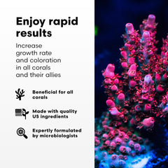 Aplicación al tanque con CoralAmino mejora la nutrición de corales en el acuario.