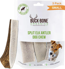 Buck Bone Organics, astas de ciervo para perros, masticación segura y duradera.