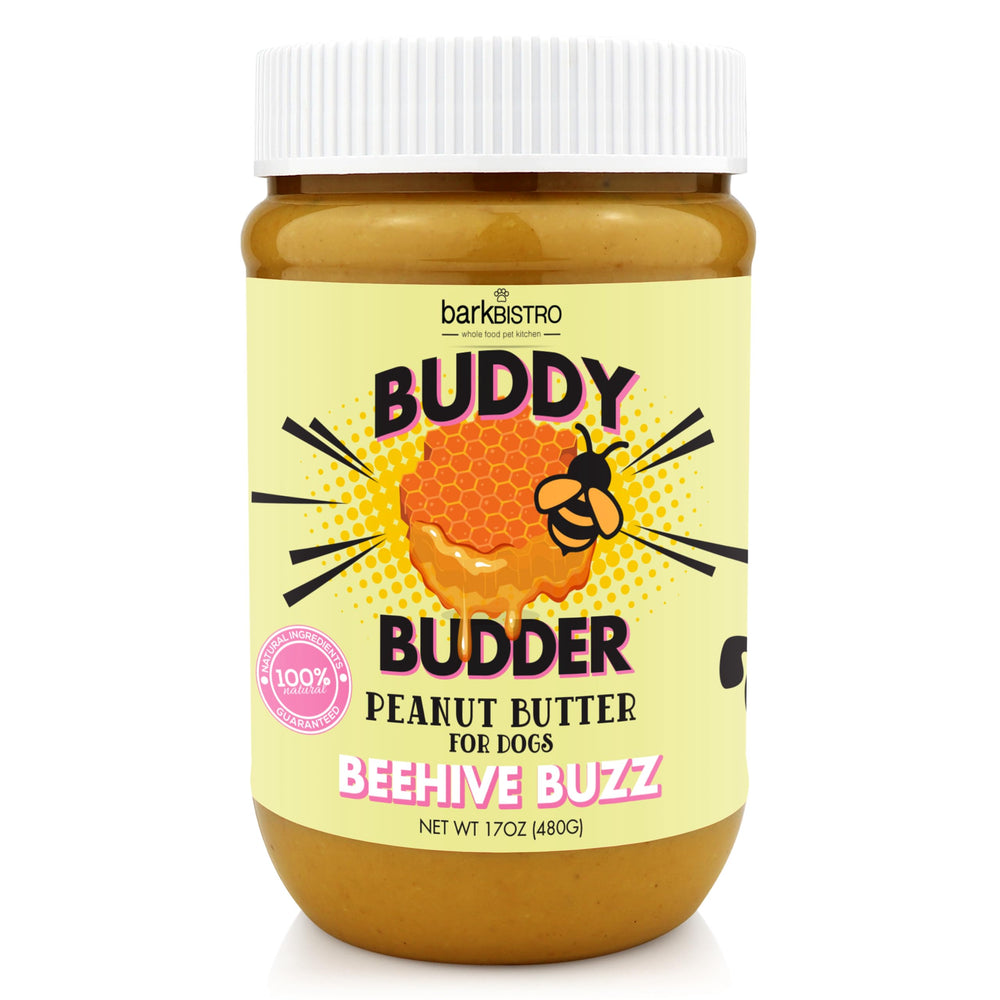 Buddy Budder Bark Bistro jarra 17oz de mantequilla natural para perros.