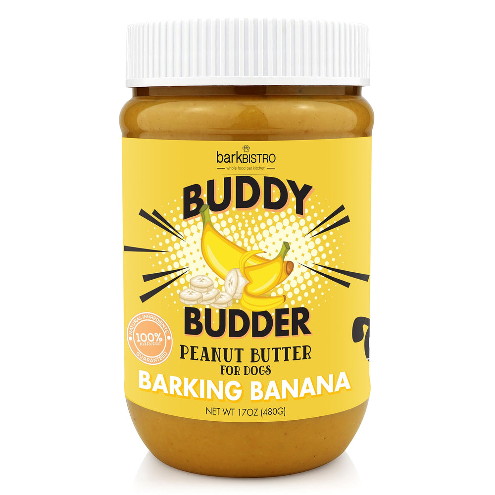 BUDDY BUDDER Barkin' Banana en tarro, crema de maní natural para perros