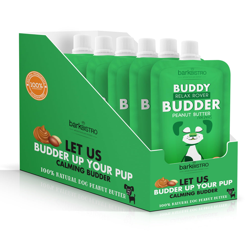 Buddy Budder Relax Rover pack de 6, crema de maní para perros que favorece momentos de juego.