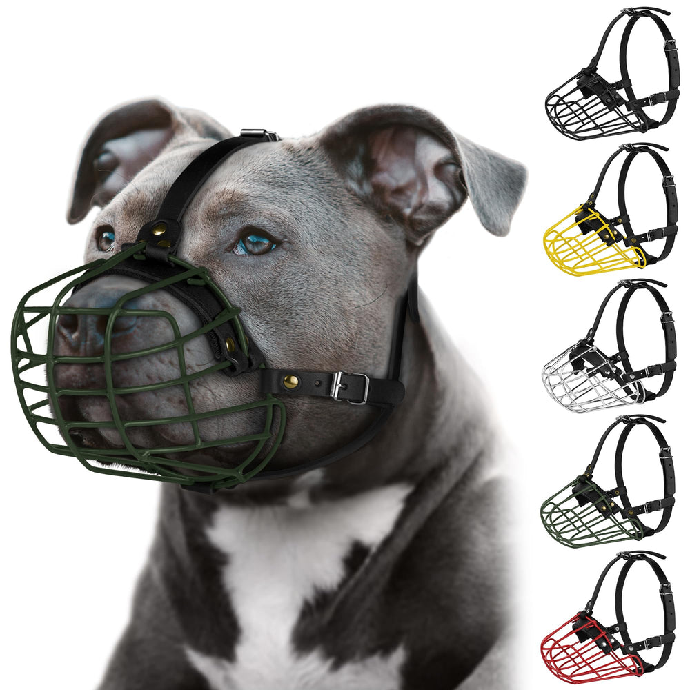 Bozal Budkas Pitbull con malla metálica y ajuste seguro para paseos.