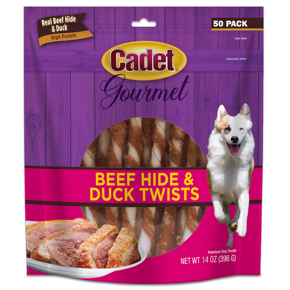 Cadet Gourmet, piel de res twist pato, empaque práctico para mantener ocupado al perro.