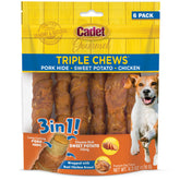 Cadet Gourmet Triple Chews muestra piel de cerdo de larga duración para masticación prolongada.