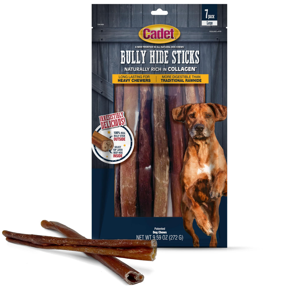 Cadet Palitos de Piel de Res Grandes, empaque frontal, opción natural para perros grandes.
