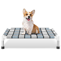 Caghash cama perro elevada, diseño exterior azul para jardín.