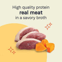 CANIDAE Pure Petite, primer plano de pato real y calabaza, ingredientes simples para perros sensibles.