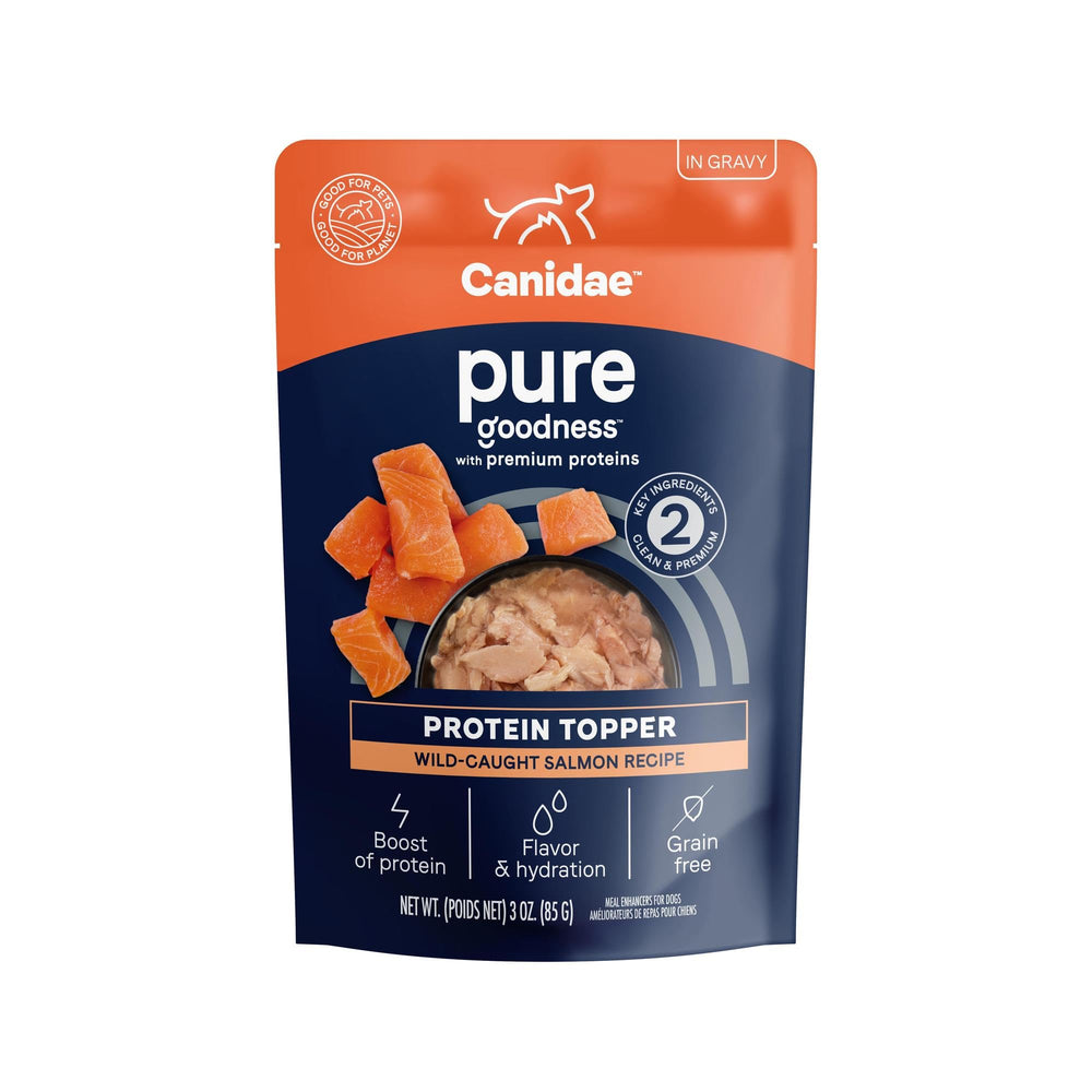CANIDAE Pure Protein Topper con trozos de salmón salvaje en salsa espesa para perros.
