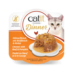 Catit Cena de Pollo con Res y Calabaza, ingredientes frescos y salsa jugosa para mayor palatabilidad.