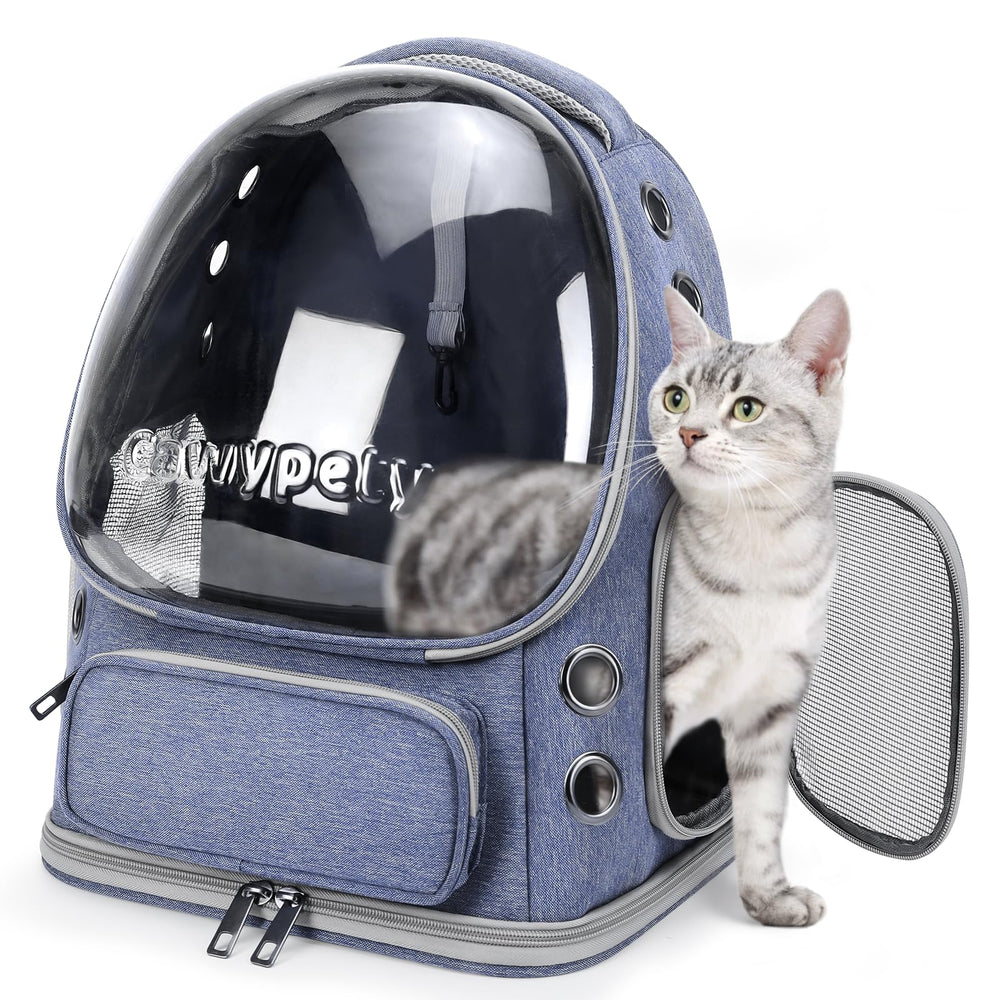 Mochila para gato Cawypety con ventana burbuja ventilada para paseos seguros.