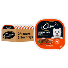 Cesar Classic Loaf en Salsa, bandeja 3-5oz, pollo e hígado, alimento completo para perros.