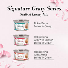 CHÉRIE: trozos de atún y salmón en salsa en lata, sabor premium.