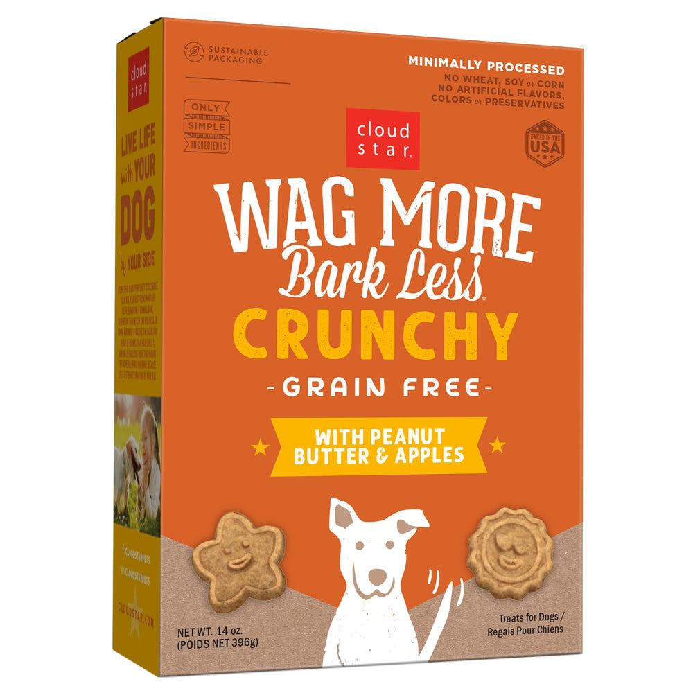 Cloud Star Wag More Bark Less: empaque práctico para snacks naturales de perros.
