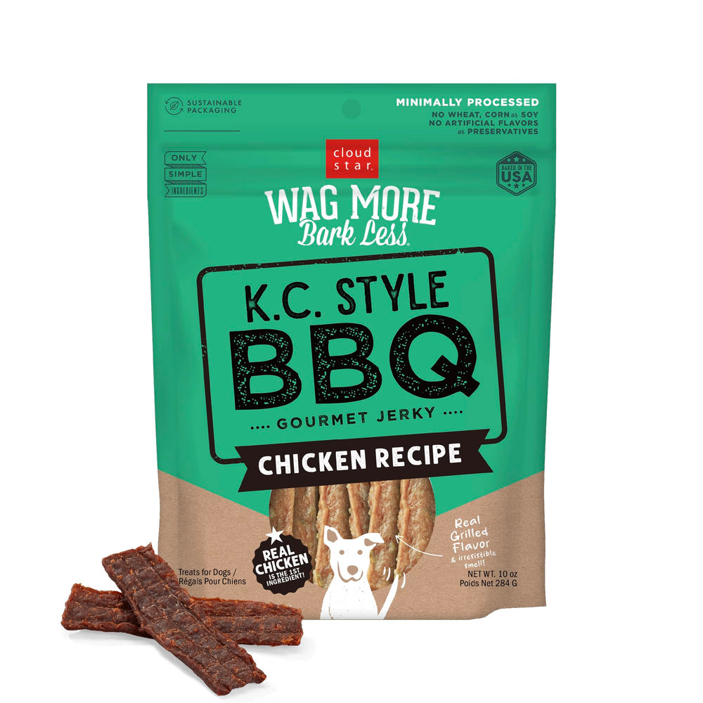 Cloud Star Wag More Bark Less: tiras de pollo KC BBQ para perros.