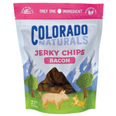 Colorado Naturals tocino jerky chips paquete frontal, recompensa natural para perros.