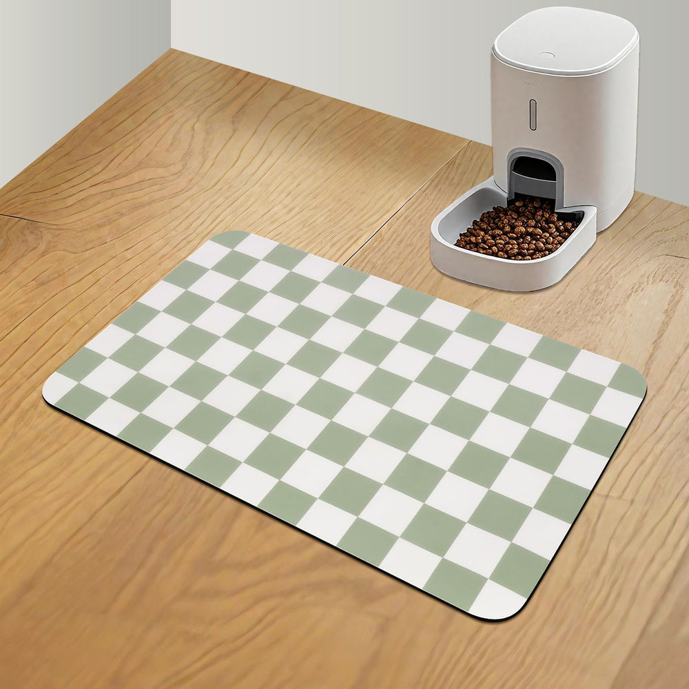 CooRug almohadilla para comida de perros a cuadros verde, absorbe derrames rápidamente