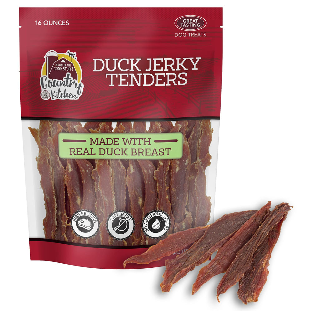 Country Kitchen Jerky de Pato Tenders, primer plano de trozos jugosos y proteicos para premiar.