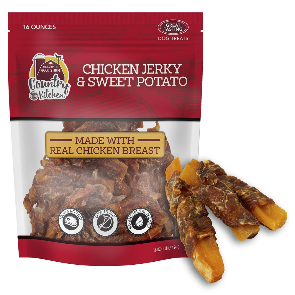Country Kitchen pollo y batata jerky tenders en empaque, ideal para premiar con moderación.