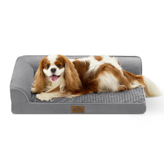 Cama COZY KISS para perro en ángulo L, vista frontal, soporte cómodo.