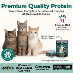Etiqueta sin granos de Dave's Pet Food, ideal para gatos sensibles.
