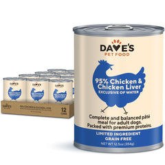 Dave's Pet Food lata 95% pollo y higado, opción sabrosa para perros sensibles.