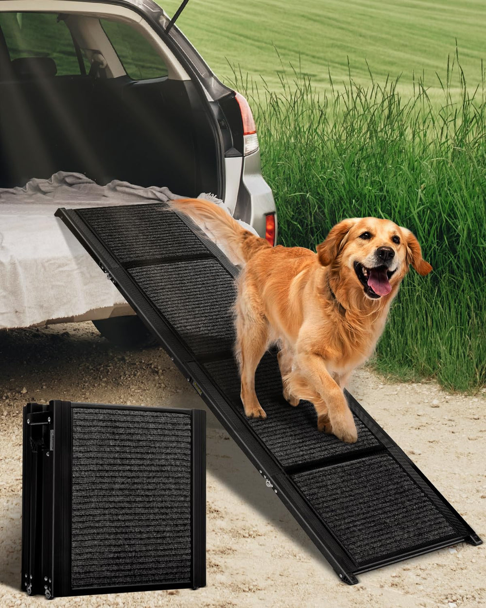 Deekuiwi rampa plegable para perros en coche, facilita el acceso seguro.