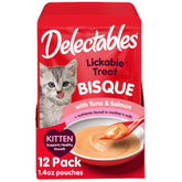 Delectables bisque para gatito con pollo y verduras, delicioso premio con hidratación.