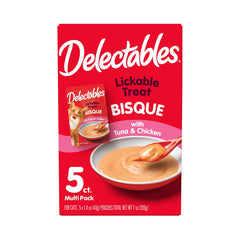 Delectables Bisque: sobre de 1.4 oz con atún y pollo, premio cremoso.