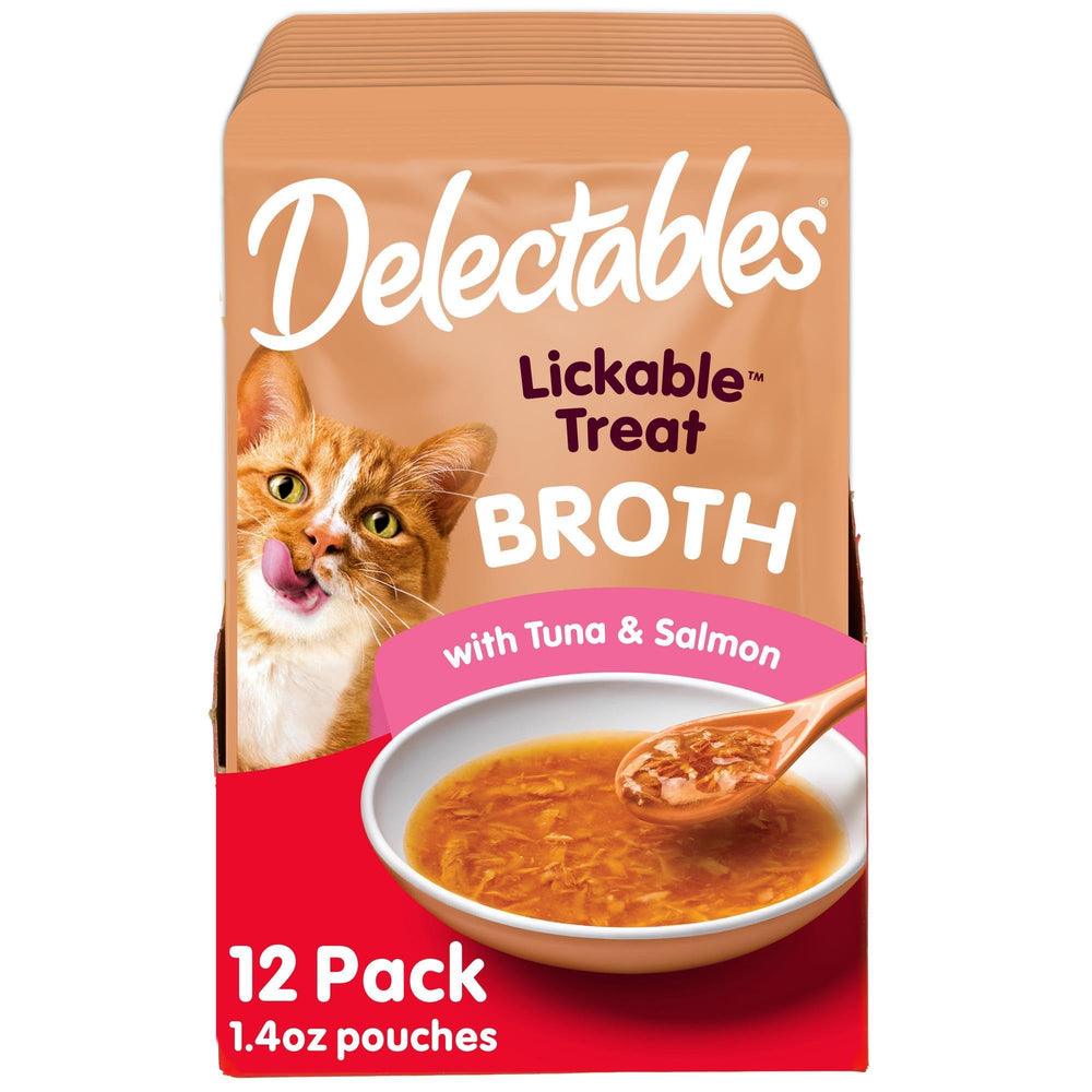 Bouillon savoureux Delectables au thon et saumon pour chats.