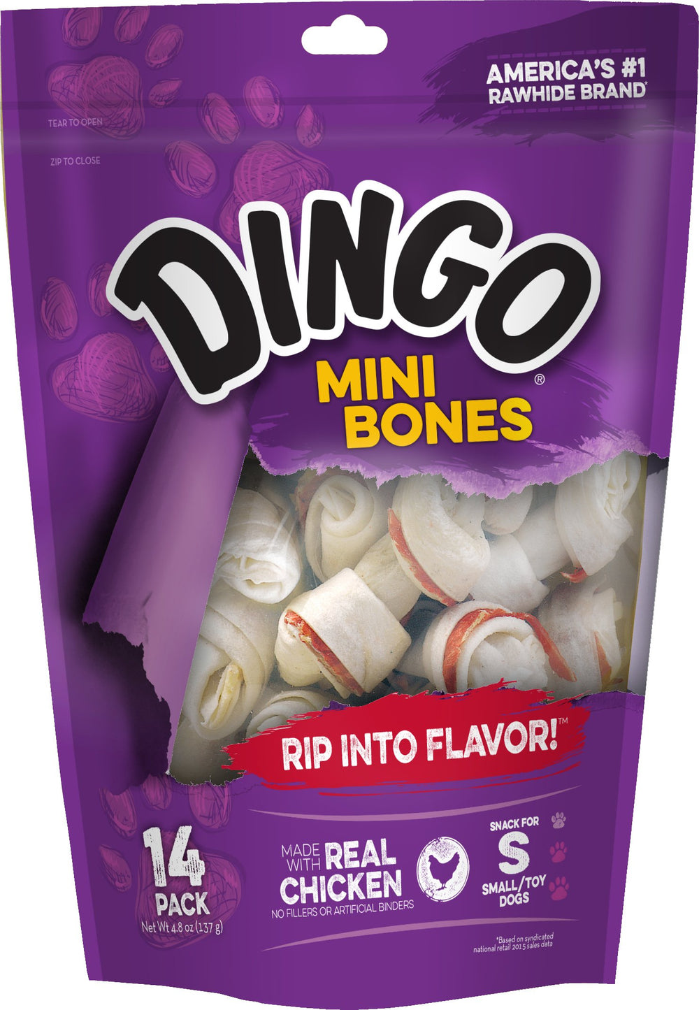 Huesos miniatura de Dingo con cuero crudo y pollo para perros pequeños.