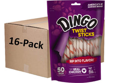Palitos Torcidos Dingo: presentación en caja 800-unidades, snack para perros.