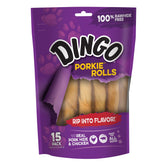 Dingo Porkie Rolls en empaque, snack sabroso para perros para masticar.