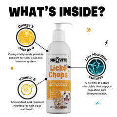 Dinovite Lickochops, dosis diaria mostrada, facilita incorporar suplementos en la alimentación.