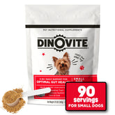 Dinovite Probiotics: frasco de uso diario para apoyo digestivo en perros pequeños.