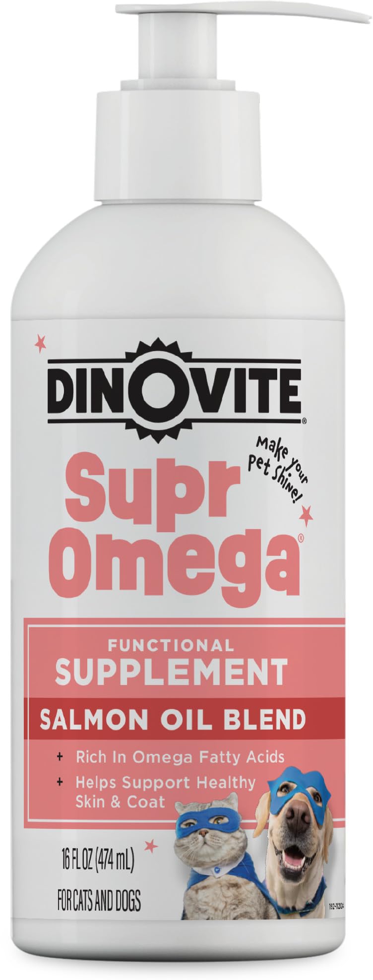 Dinovite SuprOmega, botella de aceite de salmón salvaje para perros y gatos, mejora piel y pelaje.