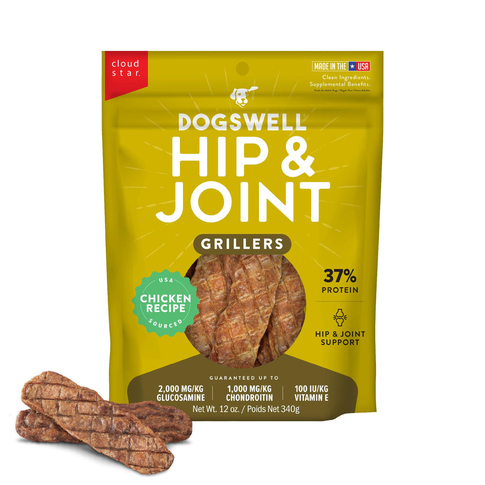 Dogswell premios de pollo para cadera y articulaciones, empaque visible.
