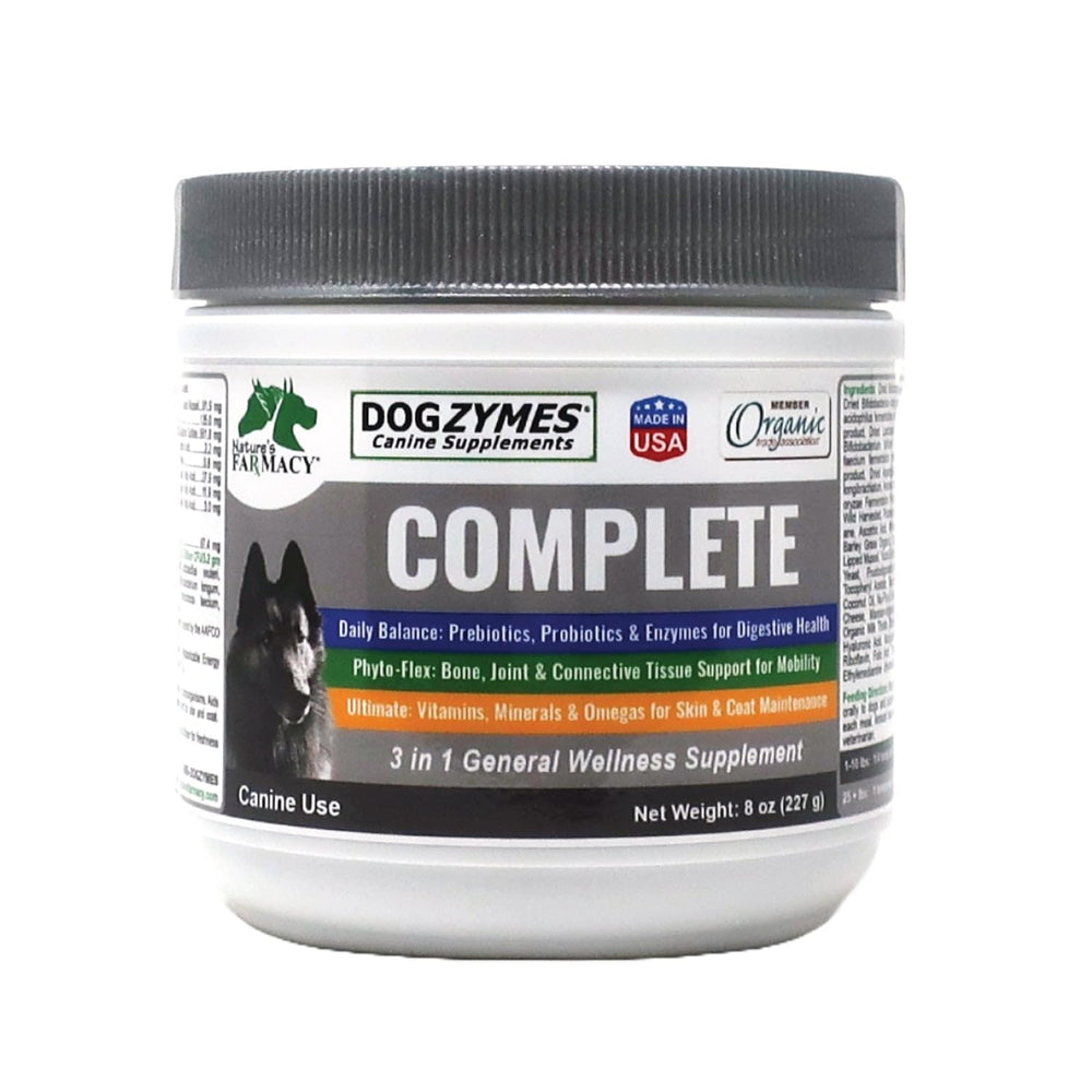 Dogzymes Completo botella frontal, suplemento integral para piel y articulaciones de perros.