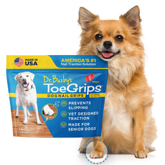 Dr. Buzby's ToeGrips para perro mostrando tracción instantánea en piso de madera