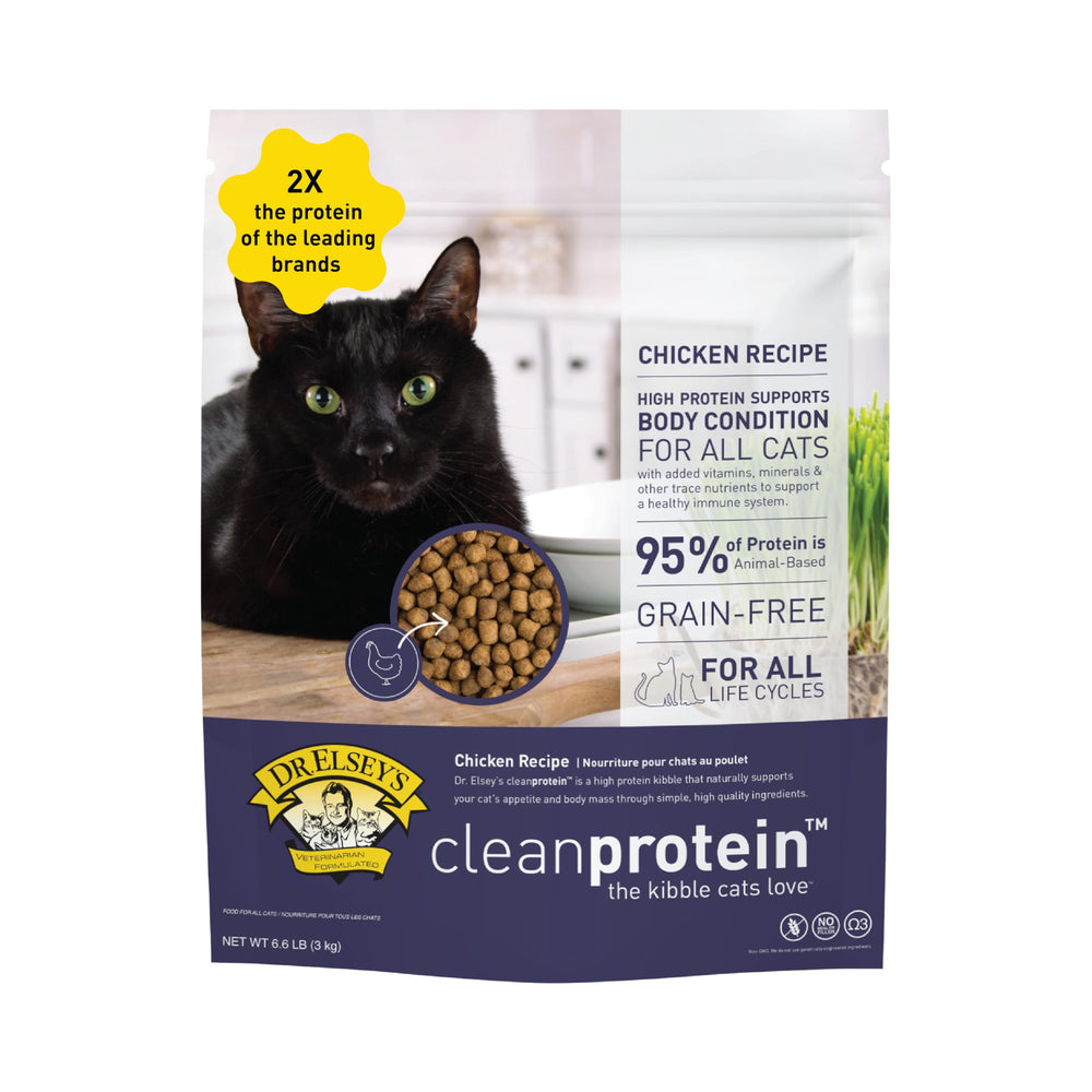 Dr. Elsey's Cleanprotein pollo croquetas visibles en bolsa para gatos activos.
