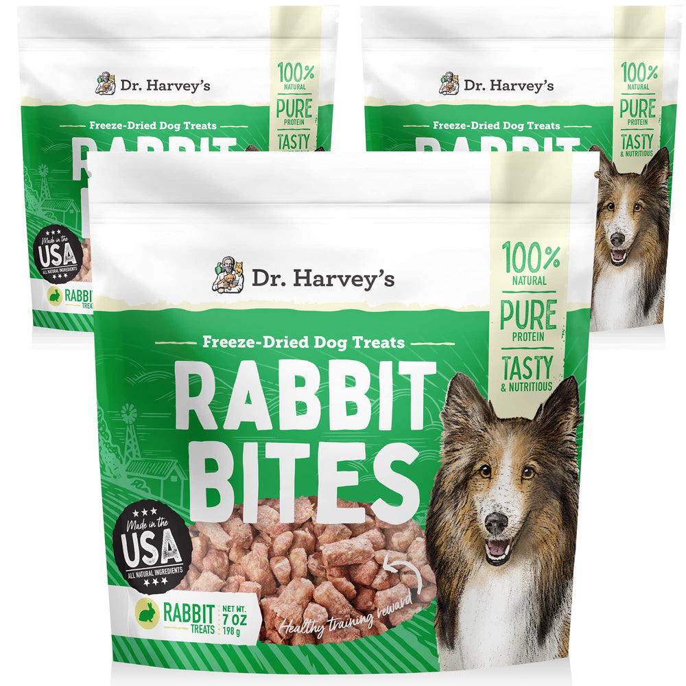 Dr. Harvey's Rabbit Bites frente del empaque, ideal para entrenamiento y recompensa saludable.