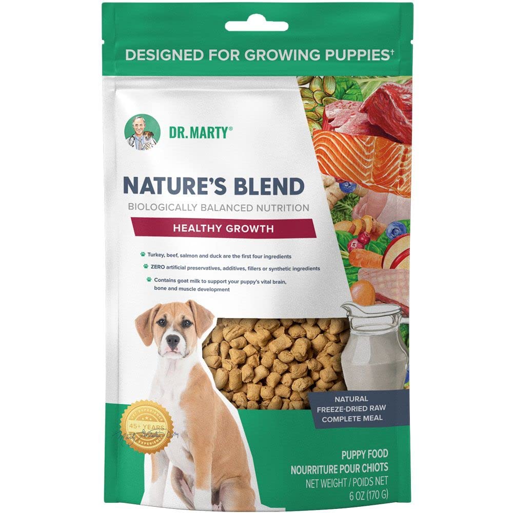 Dr. Marty Nature's Blend, comida liofilizada para cachorros, apoyo al desarrollo y energía equilibrada.