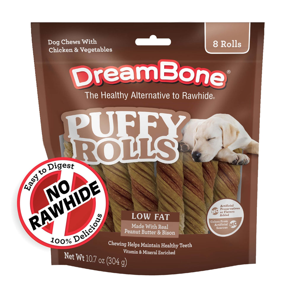 DreamBone Puffy Rolls: ingredientes clave visibles y sabor apetitoso para perros.