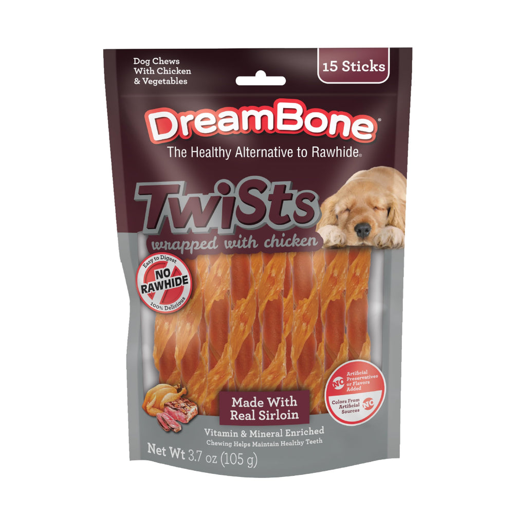 DreamBone tiras envueltas de pollo en empaque, snack sabroso para perros sin cuero crudo.