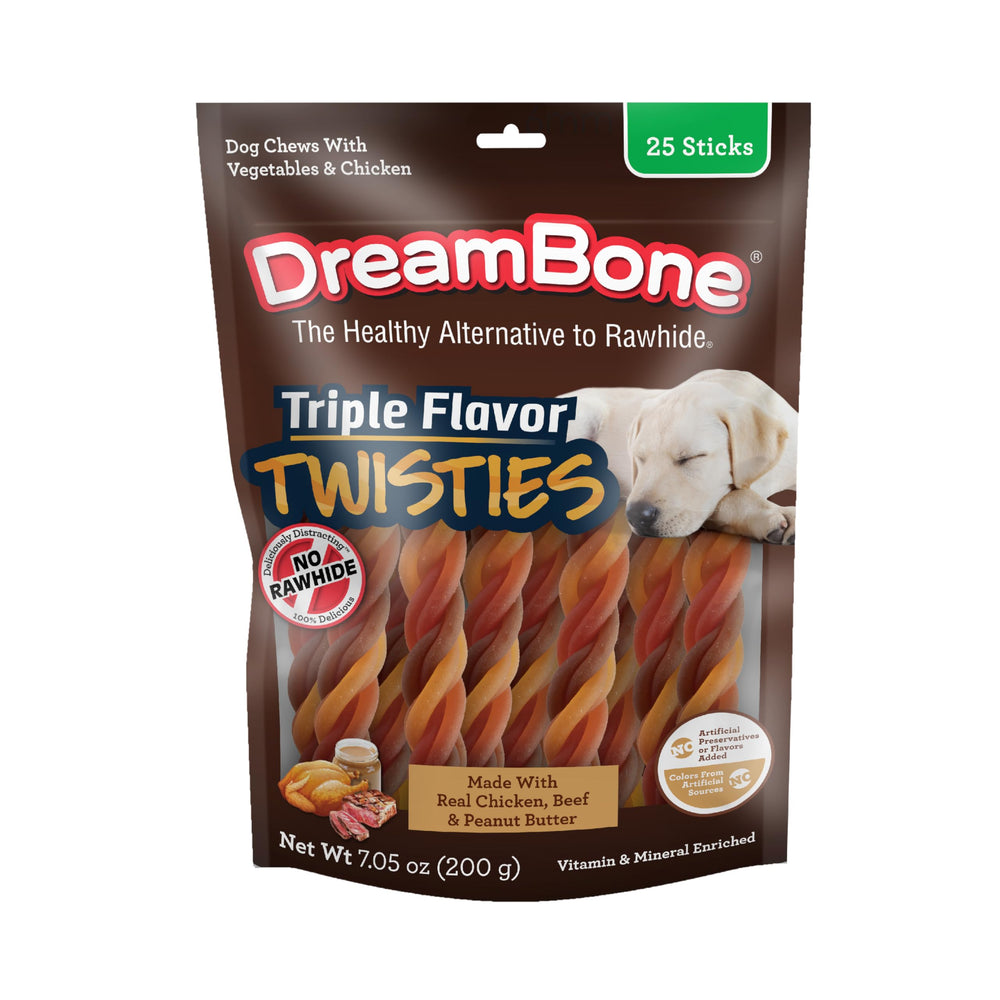 DreamBone Triple Flavor Twisties: paquete visible, snack sabroso sin cuero crudo para perros