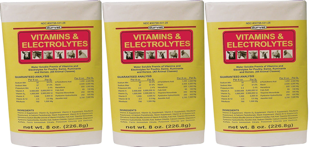 Durvet vitaminas y electrolitos 8 onzas, pack de tres, ideal para apoyar la hidratación.