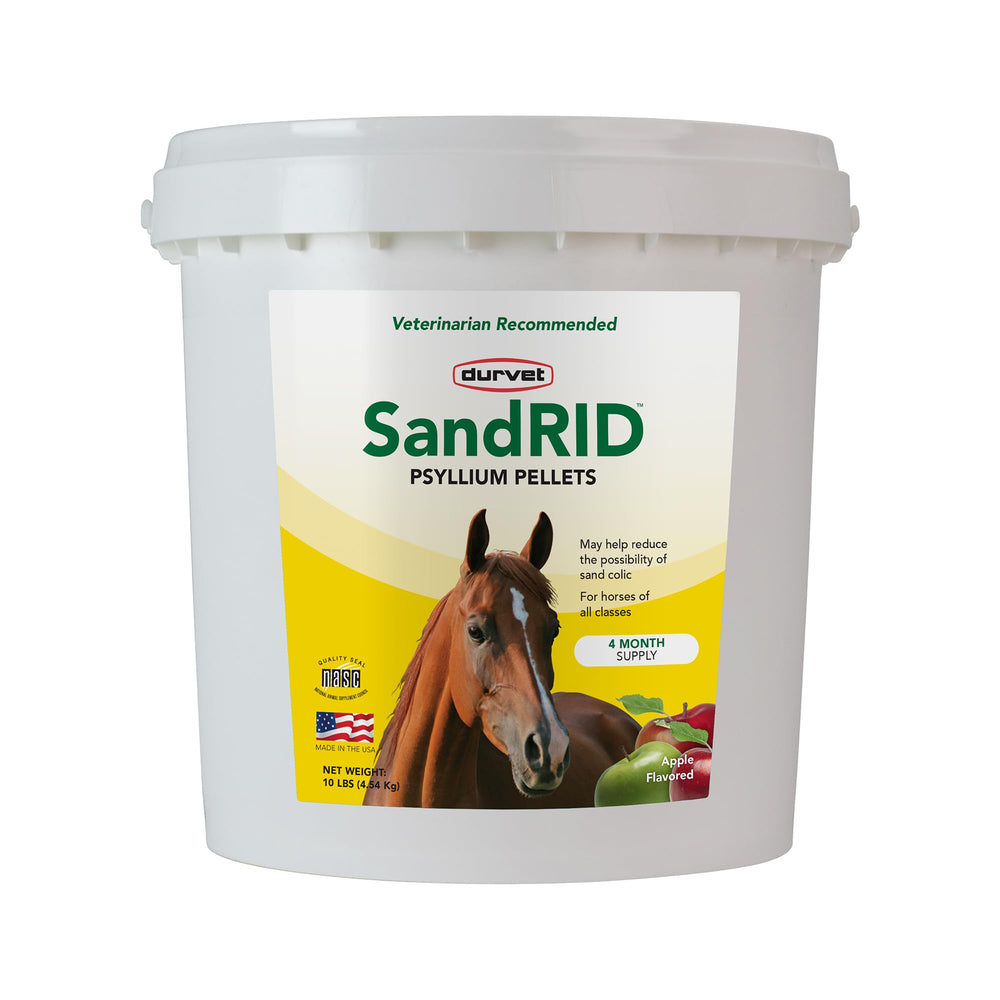 Envase Durvet Sandrid Psyllium Pellets, práctico para caballos, apoya la gestión de arena