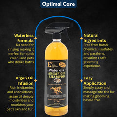 E3 Argan sin agua, aplicación suave para caballos, facilita el lavado sin mojar.